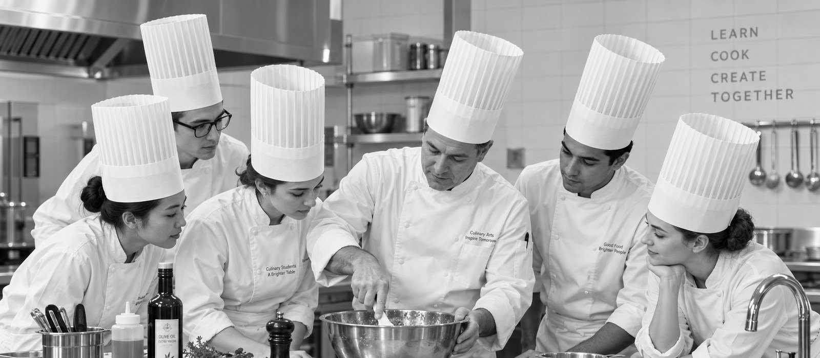 Culinary instructor guiding students around a mixing bowl in a professional teaching kitchen