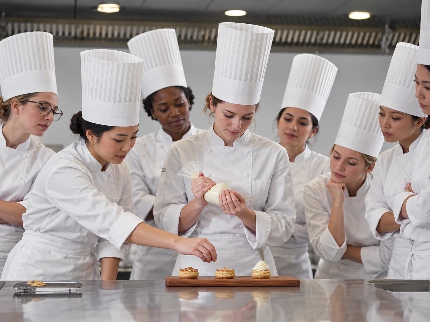 Pastry chef instructor piping cream onto pastries while a group of chefs in white uniforms and toques watch